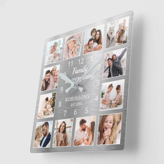 家族はすべて引用文家族写真シルバー スクエア壁時計 (傾斜)