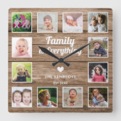 家族は全てである12フォトコラージュ素朴ウッド スクエア壁時計 (正面)