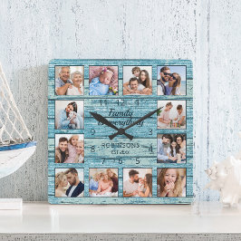 家族は全て引用文フォトコラージブルー スクエア壁時計