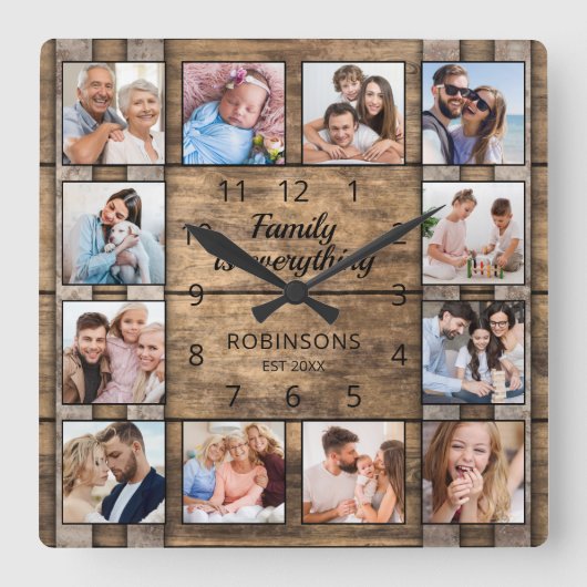 家族は全て引用文写真コラージュ樽 スクエア壁時計 (正面)