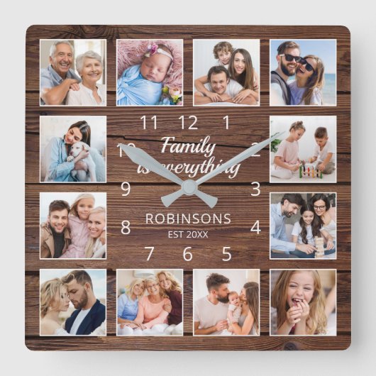 家族は全て引用文写真コラージュ素朴 スクエア壁時計 (正面)