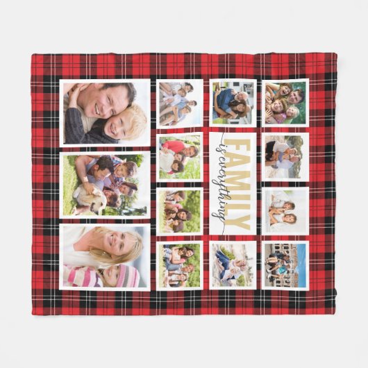 家族は全て赤い黒の格子模様の写真コラージュ フリースブランケット (正面(横))