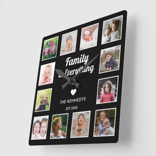 家族は全て12フォトコラージュ黒モダン スクエア壁時計 (傾斜)