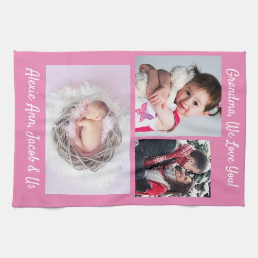 家族は「愛してる」おばあちゃんピンクにパーソナライズ キッチンタオル (横)