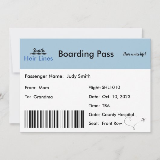 家族への飛行機チケット妊娠発表 招待状 (正面)