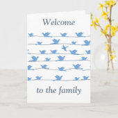 家族へようこそ、鳥のシルエットをワイヤーで描く カード (黄色い花)