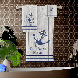 家族またはボート名ネイビーいかりロープ航海のこうもり バスタオルセット