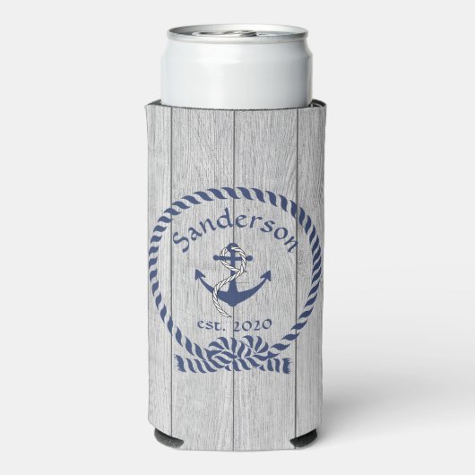 家族またはボート名ネイビーいかりロープ航海の スリム缶クーラー (Seltzer裏面)