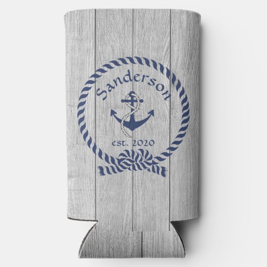 家族またはボート名ネイビーいかりロープ航海の スリム缶クーラー (裏面)