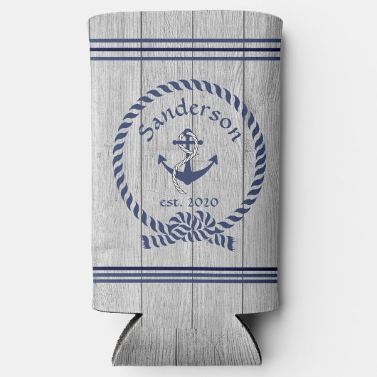 家族またはボート名ネイビーいかりロープ航海の スリム缶クーラー (正面)