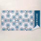 家族またはボート名ネイビーいかりロープ航海の ビーチタオル (正面)