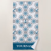 家族またはボート名ネイビーいかりロープ航海の ビーチタオル (正面)