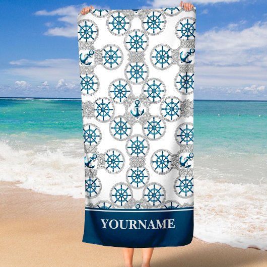家族またはボート名ネイビーいかりロープ航海の ビーチタオル