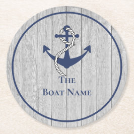 家族またはボート名 ネイビー アンカー ロープ 航海 ラウンドペーパーコースター