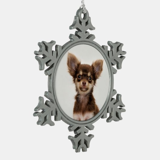 家族やペットの写真をスノーフレークオーナメントに追加 スノーフレークピューターオーナメント (左)
