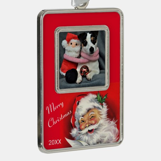 家族やペットの写真を追加するサンタクロース シルバープレートフレームオーナメント (右)