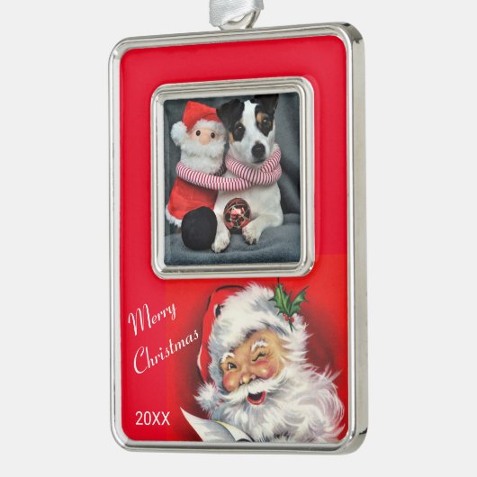 家族やペットの写真を追加するサンタクロース シルバープレートフレームオーナメント (左)