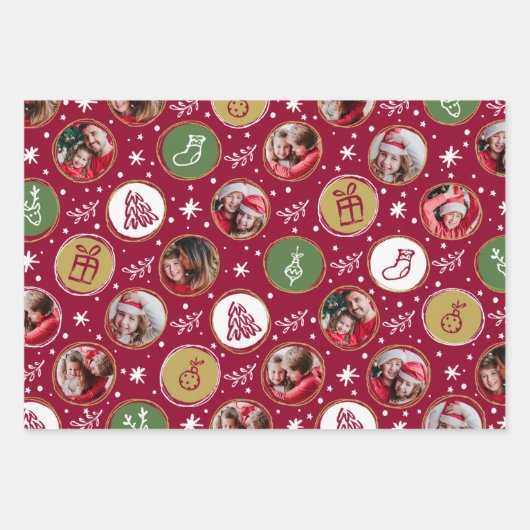 家族よくはしゃぐ写真コラージュのクリスマス ラッピングペーパーシート (正面)