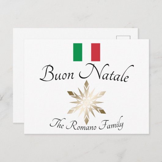 家族イタリアン名ブオンナターレ国旗とスノーフレーク ポストカード (正面/裏面)
