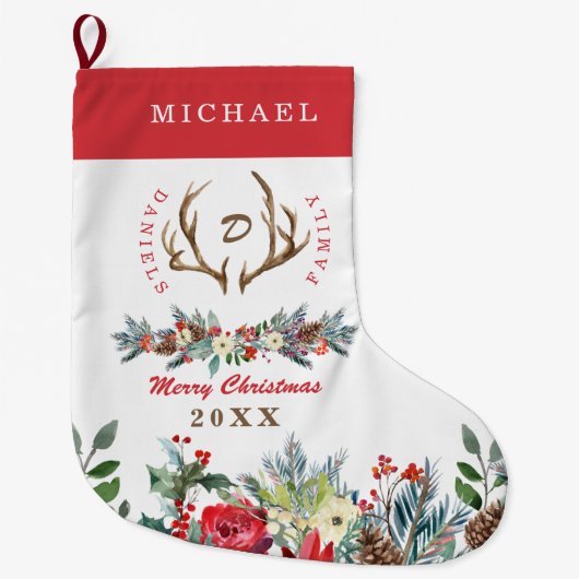 家族エレガントの季節の素朴さモノグラムの ラージクリスマスストッキング (正面)