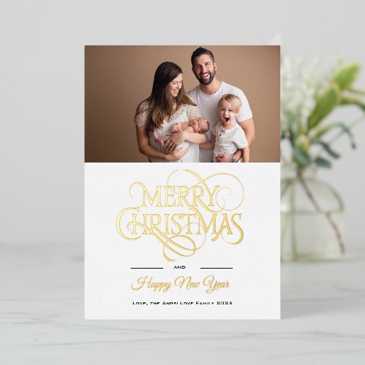 家族エレガントポートレート写真金ゴールドクリスマスカード 箔シーズンカード (立ち正面)