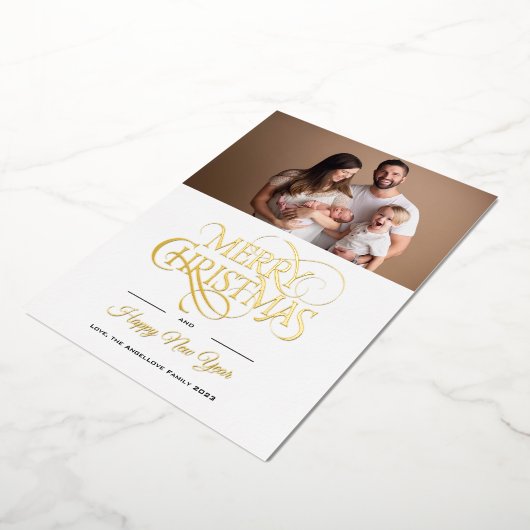 家族エレガントポートレート写真金ゴールドクリスマスカード 箔シーズンカード (回転した状態)