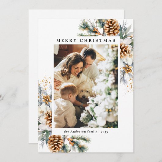 家族エレガントミニマル写真植物学クリスマス シーズンカード (正面/裏面)