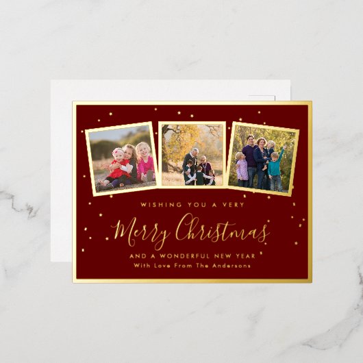 家族エレガント写真コラージュメリークリスマスレッド 箔シーズンポストカード (正面/裏面)