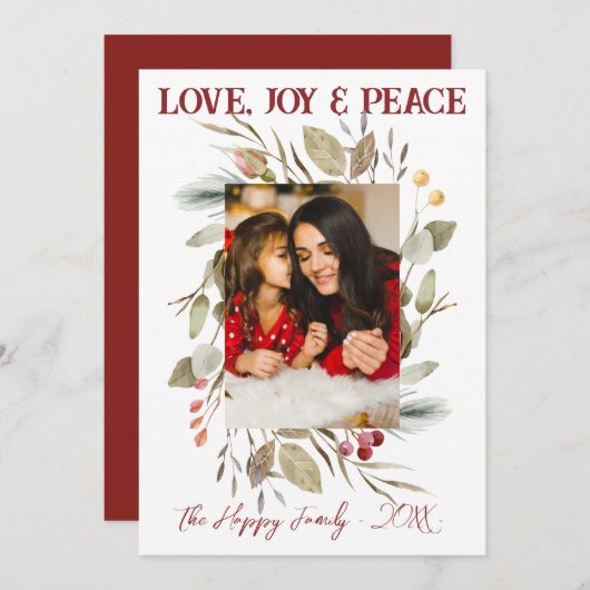 家族エレガント写真リースベリーレッド 招待状 (正面/裏面)