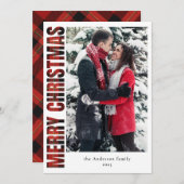 家族エレガント写真レッドプレイドメリークリスマス シーズンカード (正面/裏面)