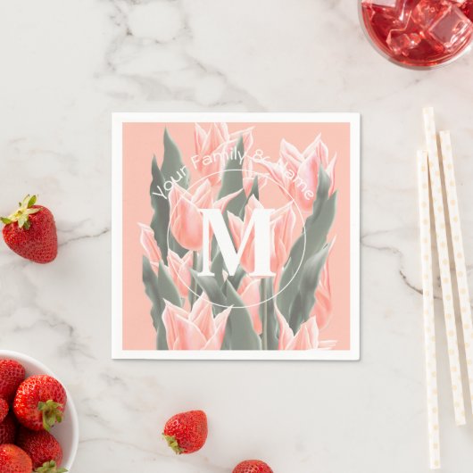 家族エレガント名モノグラムピーチチューリップ絵画ズ スタンダードカクテルナプキン (インサイチュ)