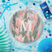 家族エレガント名モノグラムピーチチューリップ絵画ズ ペーパープレート (パーティー)