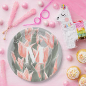 家族エレガント名モノグラムピーチチューリップ絵画ズ ペーパープレート (パーティー)