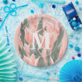 家族エレガント名モノグラムピーチチューリップ絵画ズ ペーパープレート (パーティー)