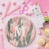 家族エレガント名モノグラムピーチチューリップ絵画ズ ペーパープレート (パーティー)