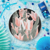 家族エレガント名モノグラムピーチチューリップ絵画ズ ペーパープレート (パーティー)