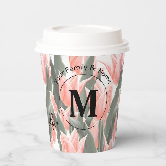 家族エレガント名モノグラムピーチチューリップ絵画ズ 紙コップ (左)