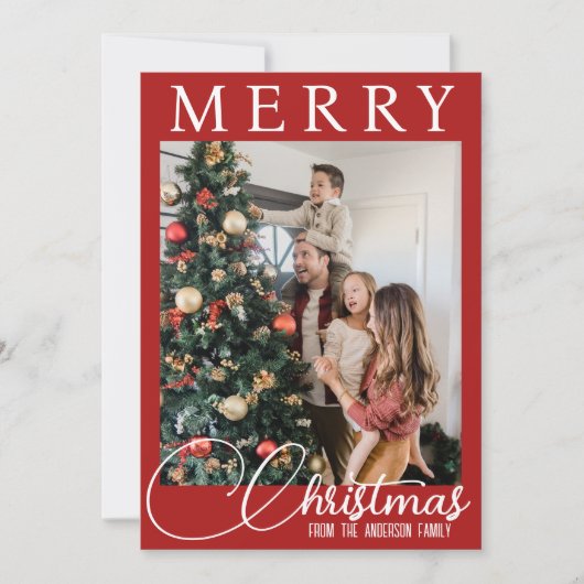 家族エレガント赤と白写真クリスマス シーズンカード (正面)
