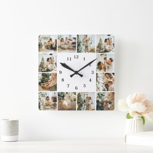 家族エレガント12フォトコラージホワイトキープサケ スクエア壁時計 (ホーム)