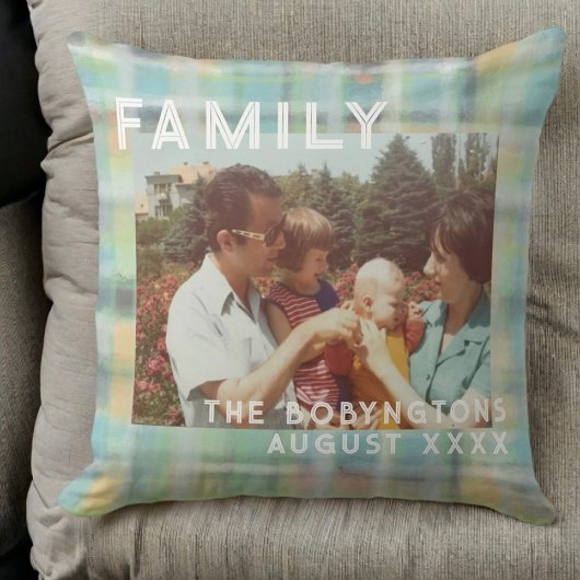家族カスタム写真タイポグラフィパステルプライドタータンチェック クッション