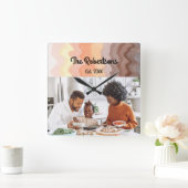 家族カスタム写真記念レトロストライプグラデーション スクエア壁時計 (ホーム)