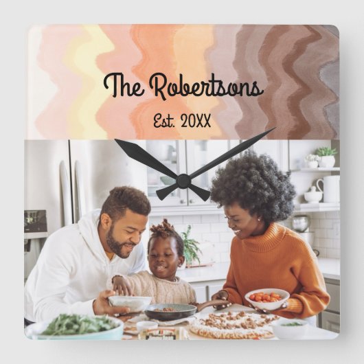 家族カスタム写真記念レトロストライプグラデーション スクエア壁時計 (正面)