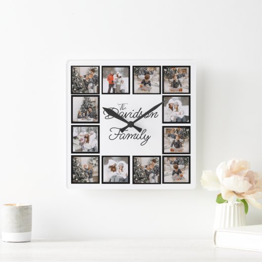 家族カスタム名とフォトコラージュ スクエア壁時計 (ホーム)