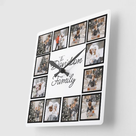 家族カスタム名とフォトコラージュ スクエア壁時計 (傾斜)