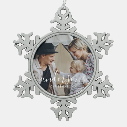 家族カスタム名の写真 スノーフレークピューターオーナメント (正面)