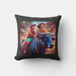 家族カラバオに乗って2人の若いフィリピン人の子供 クッション