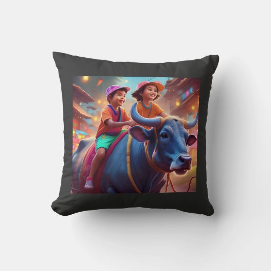 家族カラバオに乗って2人の若いフィリピン人の子供 クッション (正面)