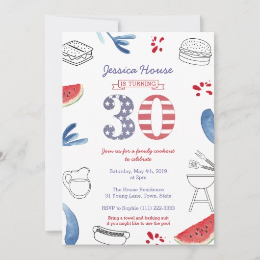 家族クックアウト30th誕生日パーティー、メモリアルデー 招待状 (正面)
