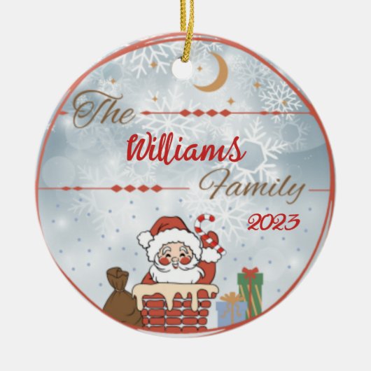 家族クリスマスサンタダウンザ煙突 セラミックオーナメント (正面)