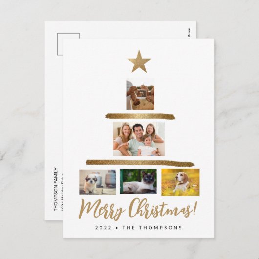 家族クリスマスツリー写真コラージュ金ゴールドスター シーズンポストカード (正面/裏面)